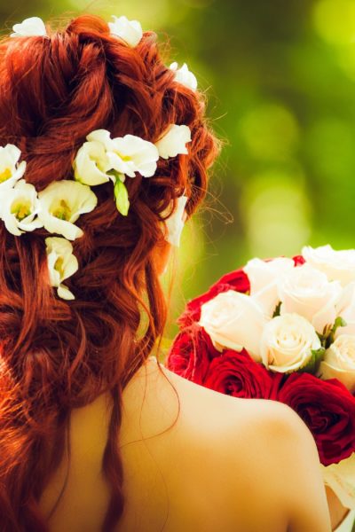 redhead flowers in hair red roses and white roses in bridal bouquet, outer banks wedding flowers, OBX Wedding Flowers