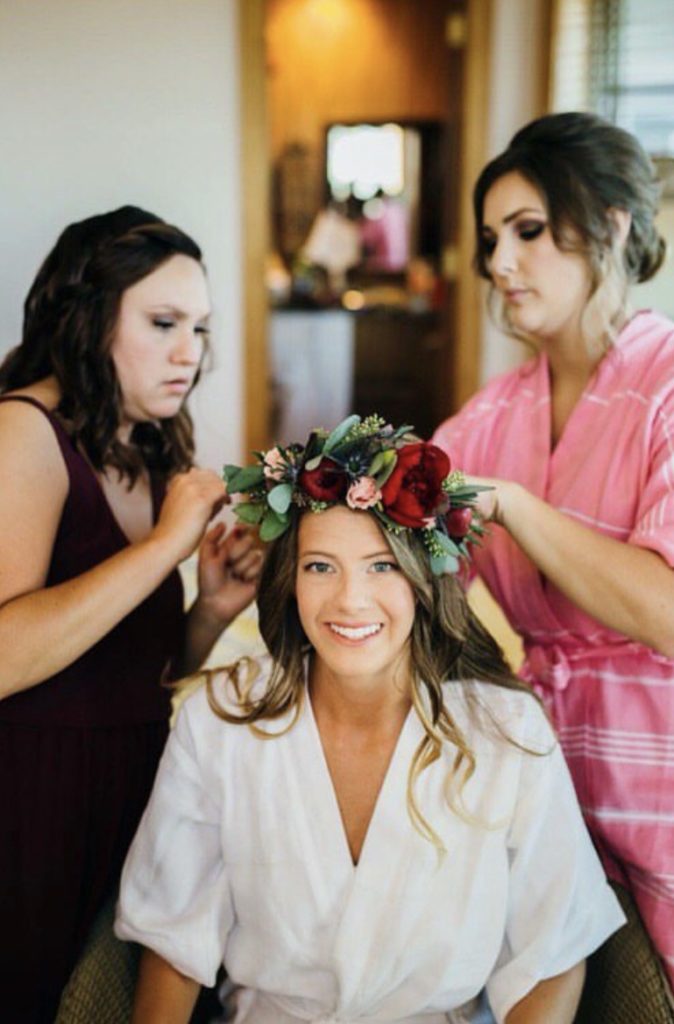 flower crown on bride by OBX Wedding Flowers